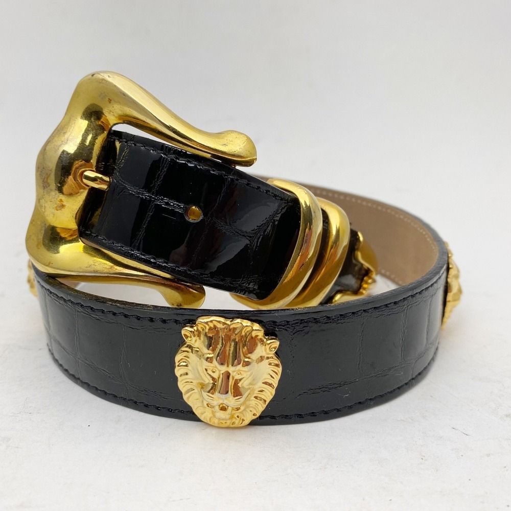 Vintage BB Simon Lion Head Belt Women 26 Black Gold Croc Embossed Patent Leather